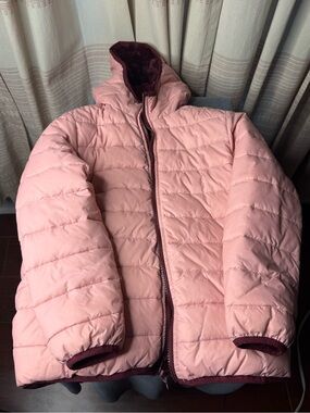 Lands' End Reversible Light Pink Quilted Hooded Puffer with Maroon Trim